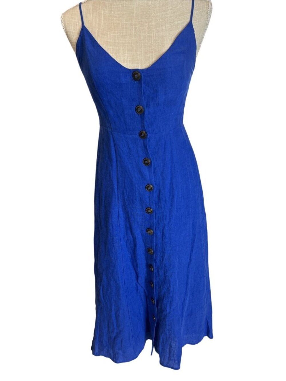 BCBGMAXAZRIA Button Down Midi Dress Blueberry Blue Linen Blogger 0 NWT $248